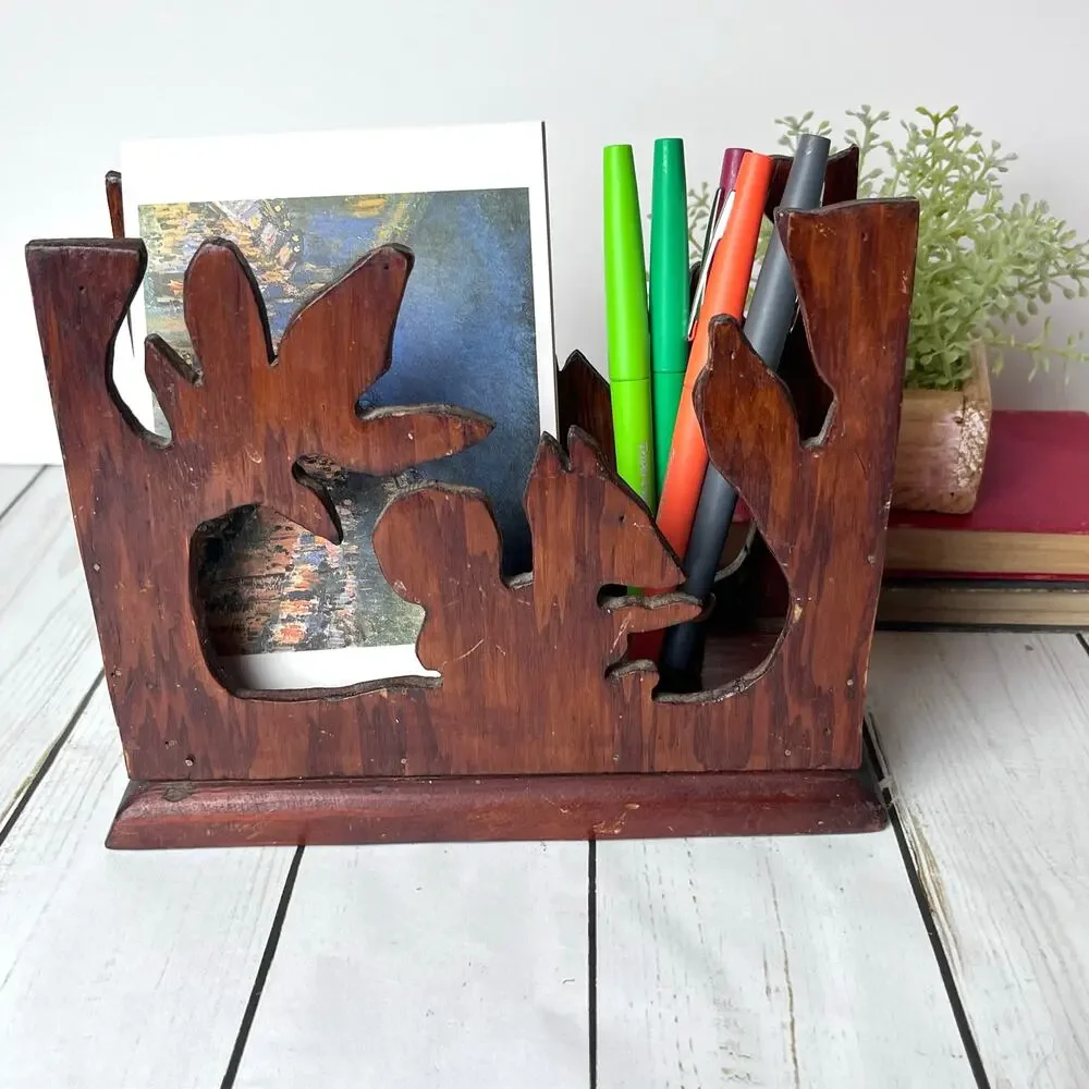 Vintage Hand Carved Wooden Desk Organizer Napkin Holder Rustic Woodland Nature